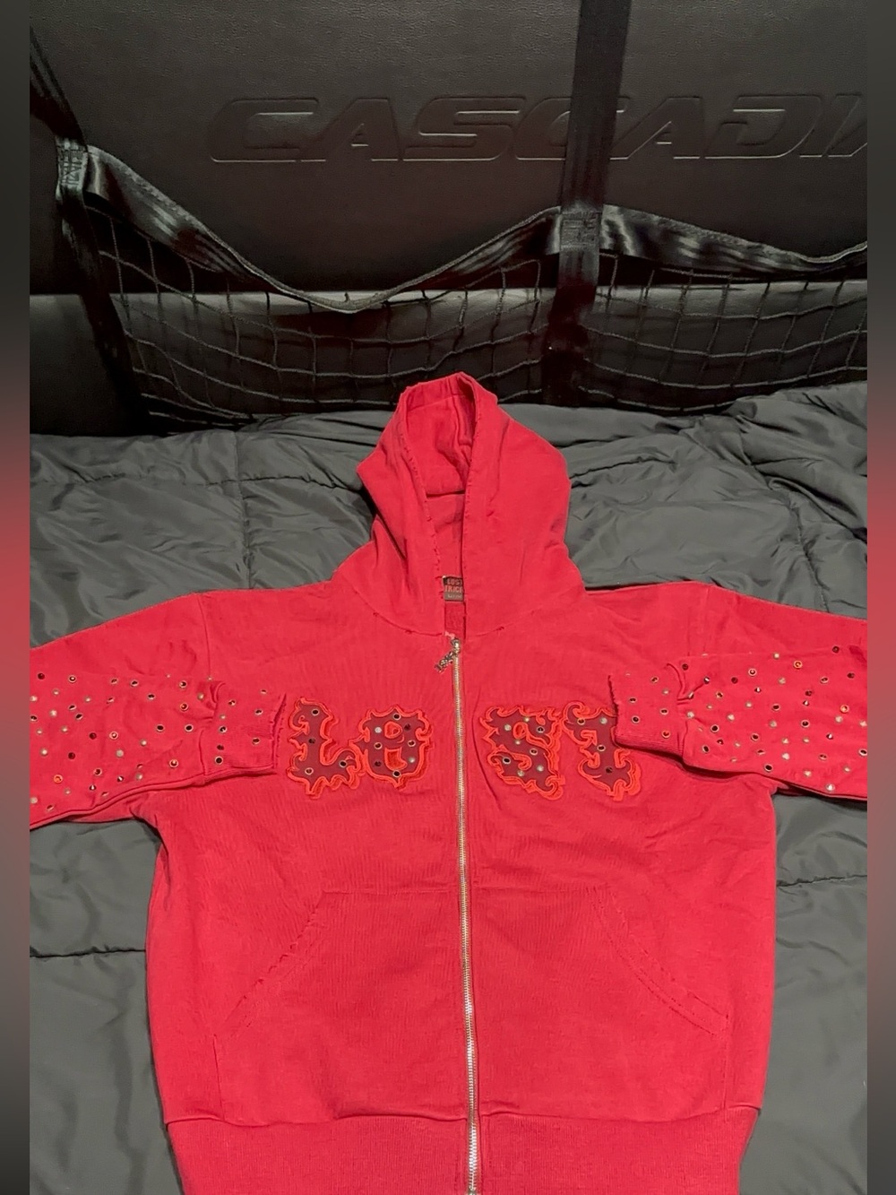 Lost Intricacy Red Zip-Up Hoodie with Stud Detail
Rare Find